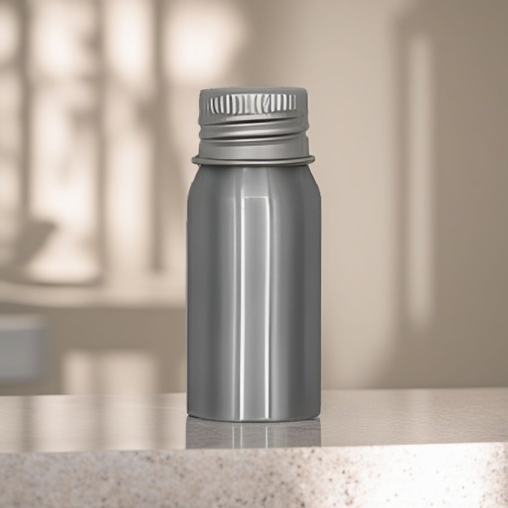 Aluminiumflaske 15 ml med låg stående på lys sandstensoverflade i naturligt dagslys
