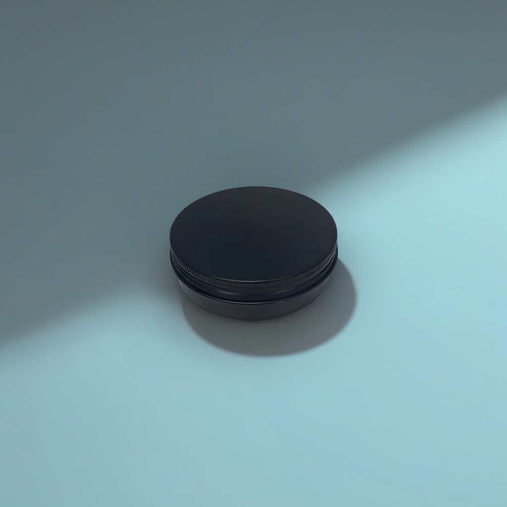 Sort aluminiumsbøtte 50 ml placeret på skiferbord i diffust dagslys fra venstre
