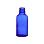 Blå glasflaske 30 ml med DIN18-gevind – set forfra mod hvid baggrund