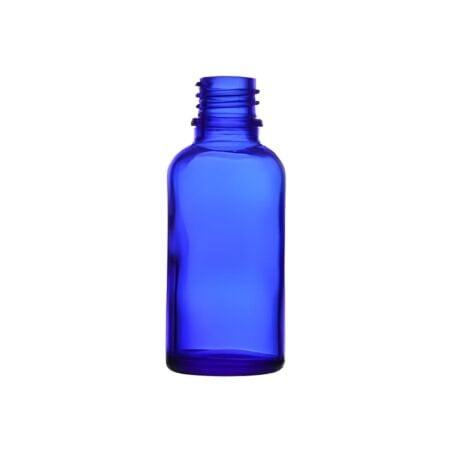 Blå glasflaske 30 ml med DIN18-gevind – set forfra mod hvid baggrund