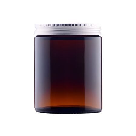 Brun glas bøtte på 180 ml med aluminium skruelåg – set forfra på hvid baggrund