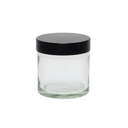 Glasbøtte 60 ml i klart glas med sort skruelåg – set forfra