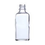 Klar glasflaske 100 ml med DIN18 gevind — set forfra på hvid baggrund