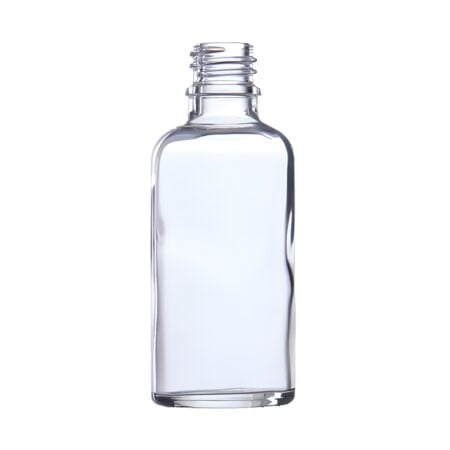 Klar glasflaske 100 ml med DIN18 gevind — set forfra på hvid baggrund