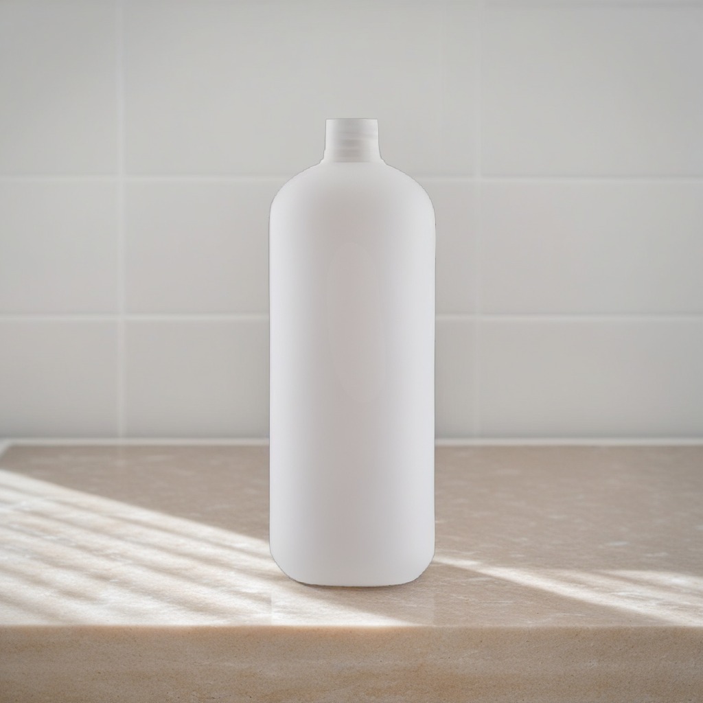 500 ml mat hvid HDPE plastflaske stående på lys sandstensoverflade i dagslys fra venstre
