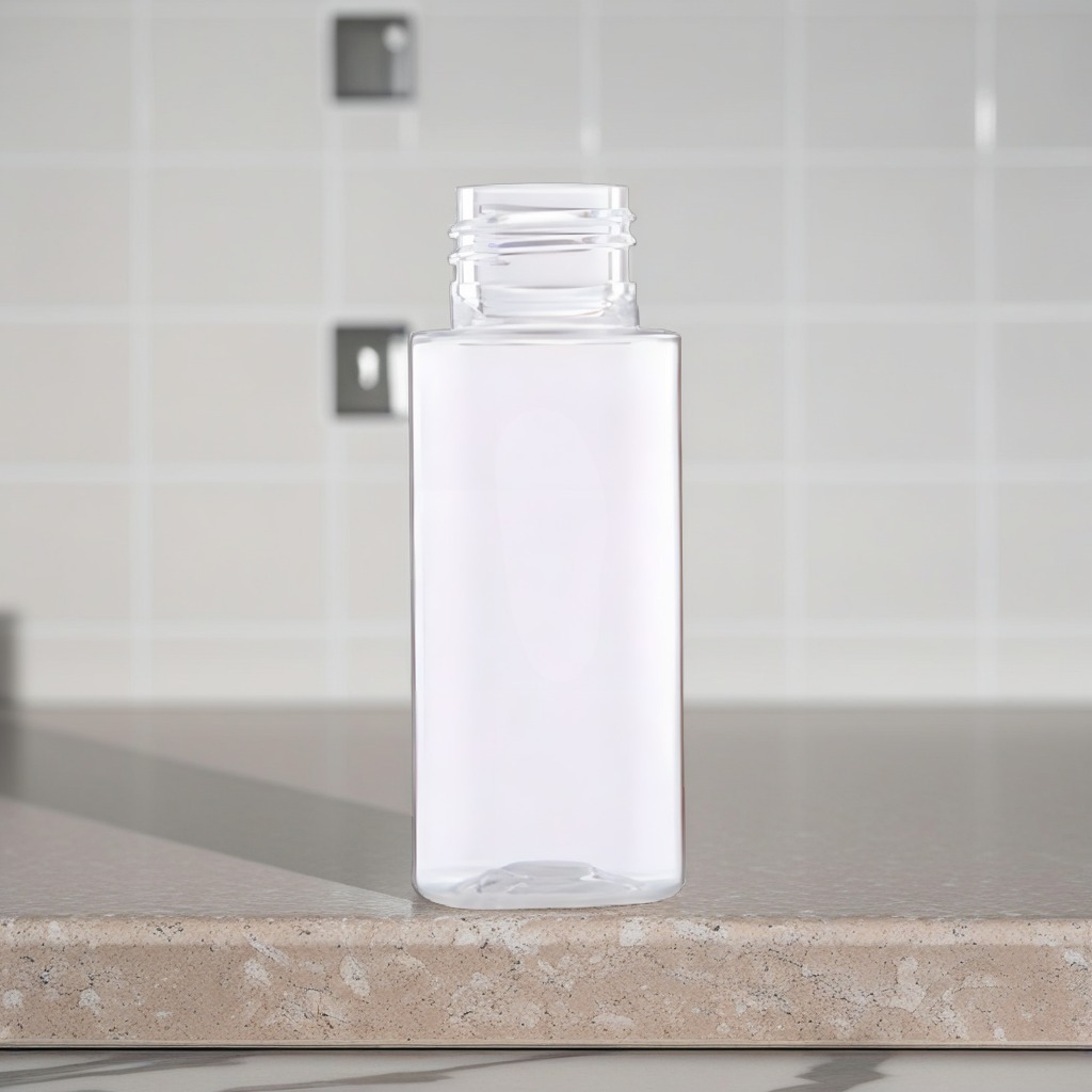 Klar PET-plastflaske 50 ml placeret på sandstensoverflade i blødt dagslys fra siden