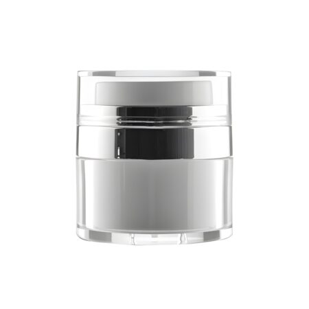 Slangeløs krukke med pumpe 15 ml – klar krop med hvid kerne og sølv ring, set forfra