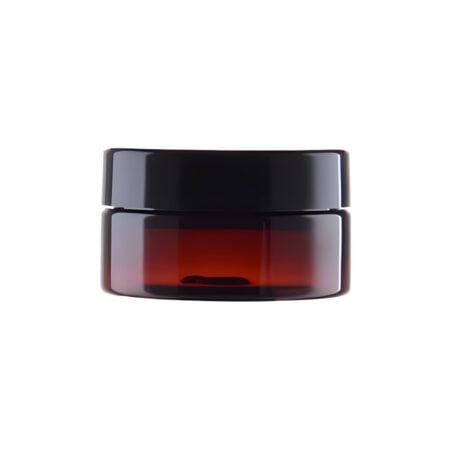 Brun PET bøtte 25 ml med sort PP låg – set forfra mod hvid baggrund