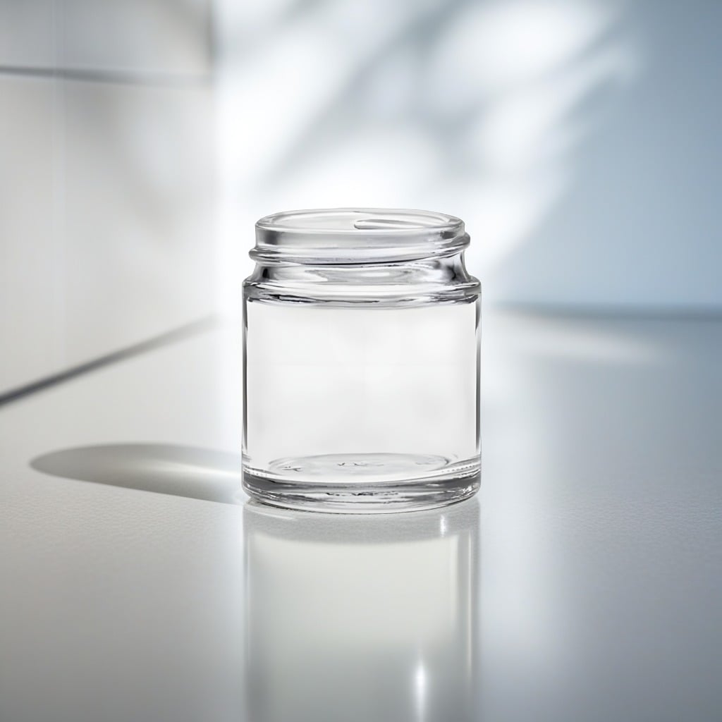 Klar glasbøtte 30 ml placeret på sandstensoverflade i diffust dagslys fra venstre side