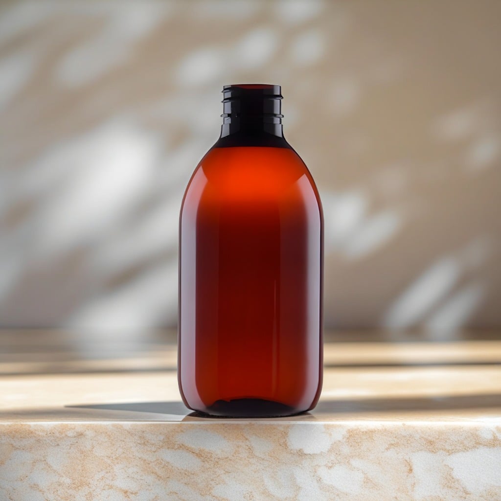 Brun PET plastflaske 300 ml på lys sandstensoverflade i naturligt dagslys