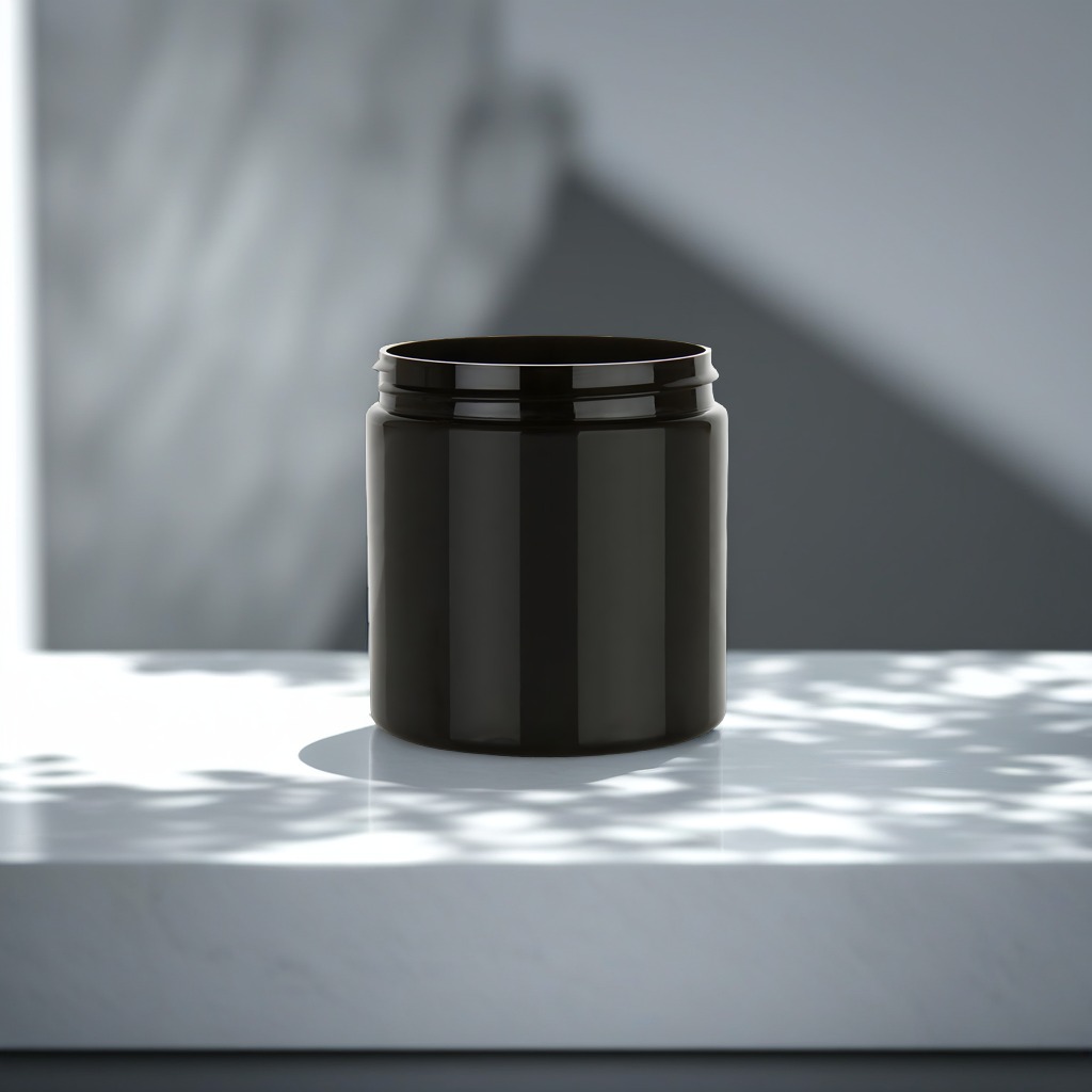 Sort PET bøtte 250 ml set forfra på lys sandstensoverflade med diffust dagslys fra venstre