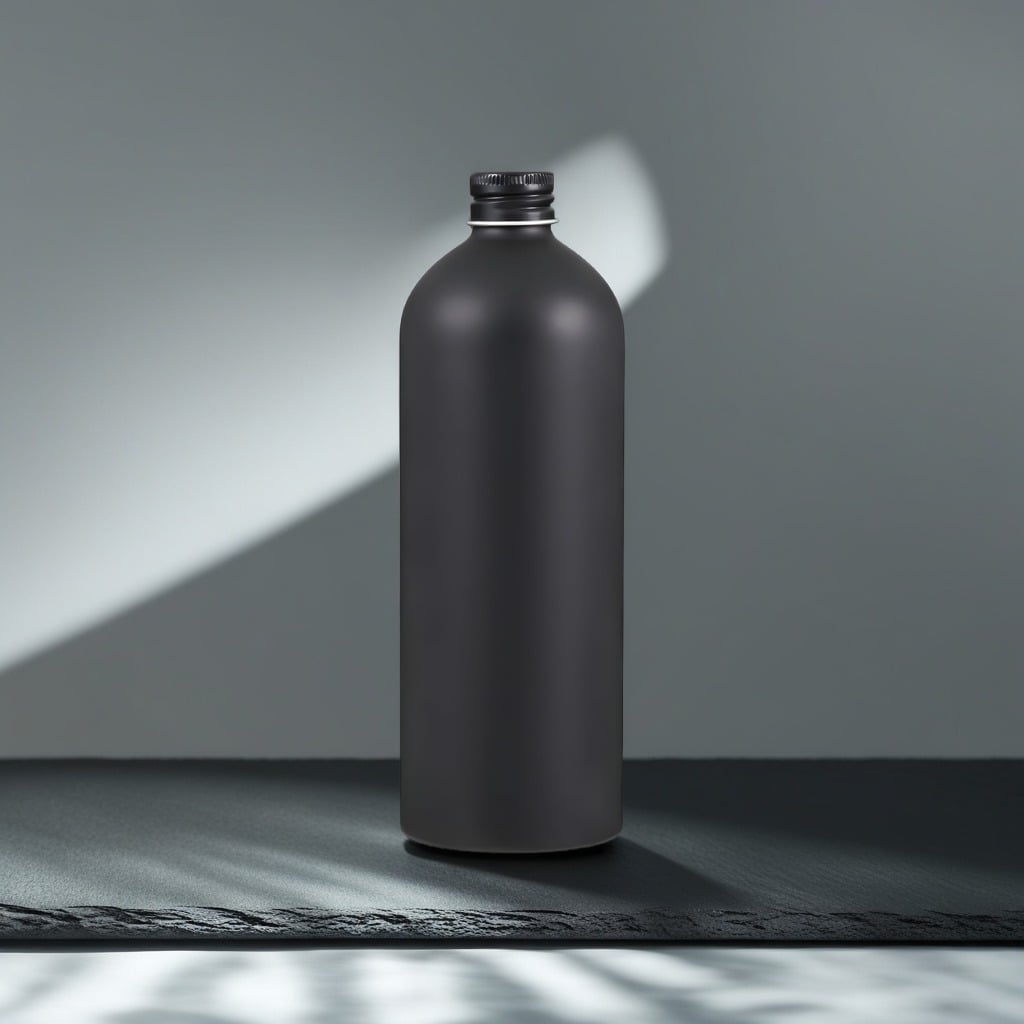Mat sort aluminium flaske på 500 ml stående på skiferborplade med diffust dagslys fra venstre