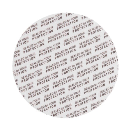 PS forseglingsskive Ø68 x 1,2mm med teksten Sealed for your protection – forside
