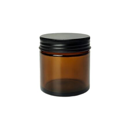 Brun glaskrukke 60 ml med sort aluminiumslåg – set forfra