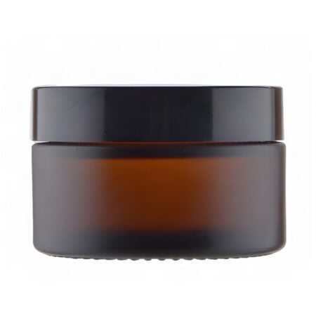 Frontvisning af mat brun glasbøtte 50 ml med sort låg